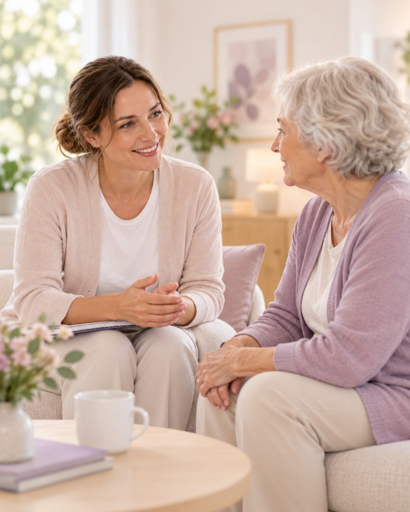 Betreuungskraft im Gespräch mit einer Seniorin – Begegnung auf Augenhöhe